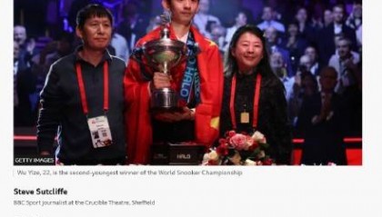 “00后”吴宜泽世锦赛夺冠 外媒：斯诺克迎来“中国时代”
